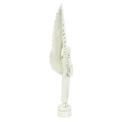 Winged angel statue with elongated, symmetrical wings and classical, old world European ornate detailing in a standing pose. Different Angle