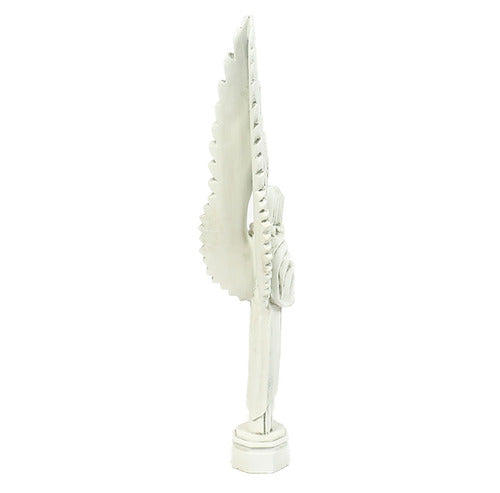 Winged angel statue with elongated, symmetrical wings and classical, old world European ornate detailing in a standing pose. Different Angle