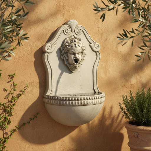 Wall fountain with ornate Baroque design, featuring a classical cherub face and decorative scrollwork in old world European style. Side Angle