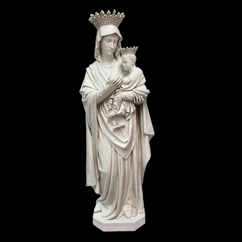 Madonna and Child statue in classical Renaissance style with ornate crowns and flowing drapery, evoking old world European elegance. Other Angle