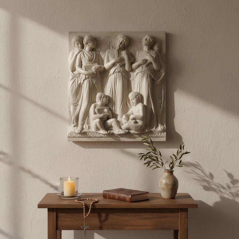 Classical relief sculpture featuring robed figures in flowing garments with ornate, old world European and Renaissance detailing. Different Angle