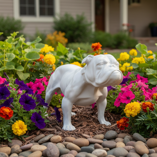 Bulldog statue with classical, old world European style and ornate detailing, featuring strong stance and sculpted facial features. Side Angle