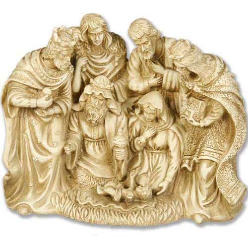 Nativity scene with ornate, old world European figures in classical robes, featuring Baroque and Renaissance detailing.