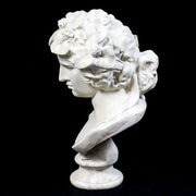 Classical Greco-Roman style bust with ornate floral crown and serene facial expression, inspired by Renaissance sculpture. Different Angle