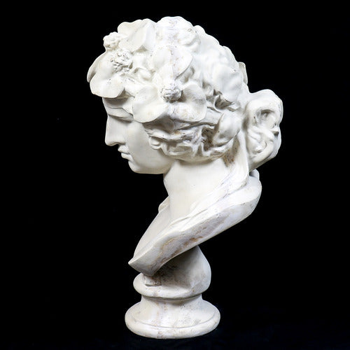 Classical Greco-Roman style bust with ornate floral crown and serene facial expression, inspired by Renaissance sculpture. Different Angle