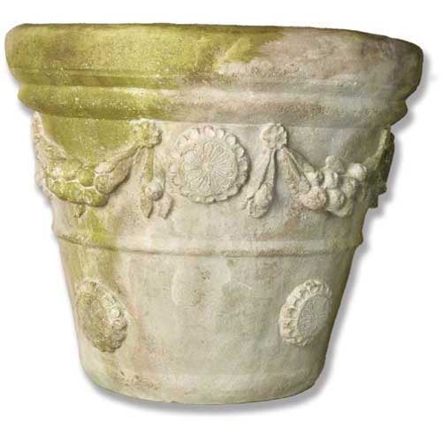 Ornate old world European planter with classical garland and medallion relief, featuring weathered, antique-style detailing.