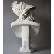 Greek classical bust of a bearded warrior in an ornate helmet with mythological relief, inspired by Renaissance and old world European art. Different Angle