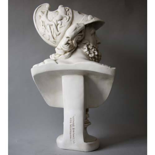 Greek classical bust of a bearded warrior in an ornate helmet with mythological relief, inspired by Renaissance and old world European art. Different Angle