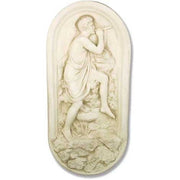 Relief sculpture of a classical figure playing a flute, draped in robes, set against an ornate old world European background.