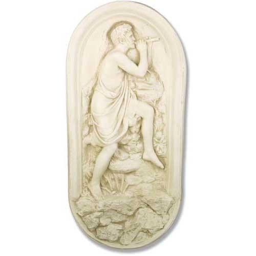 Relief sculpture of a classical figure playing a flute, draped in robes, set against an ornate old world European background.
