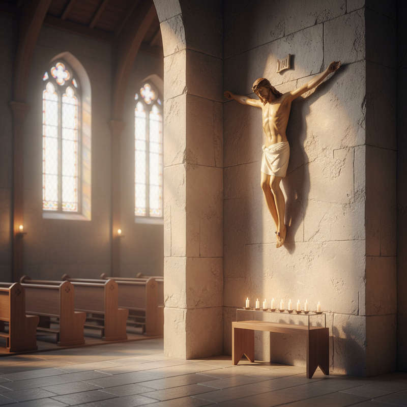 Crucifix statue in classical Renaissance style with ornate detailing, featuring Christ with outstretched arms and crown of thorns. Side Angle