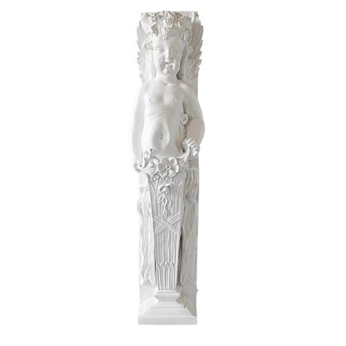 Cherub statue with classical Baroque detailing, ornate floral accents, and Renaissance-inspired column pedestal. Different Angle