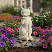 Sitting cat sculpture with classical European style, detailed features, and an elegant, poised, old world Renaissance design. Side Angle