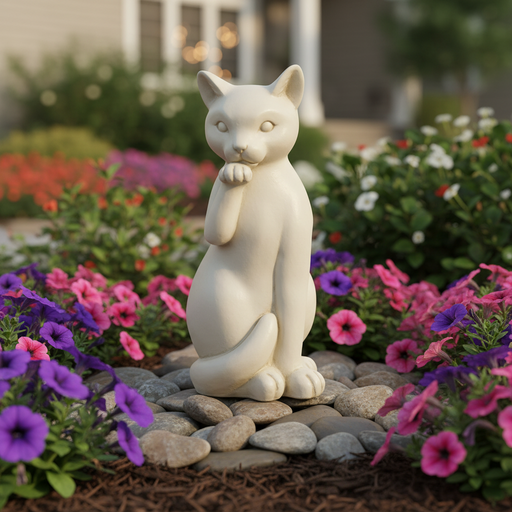 Sitting cat sculpture with classical European style, detailed features, and an elegant, poised, old world Renaissance design. Side Angle