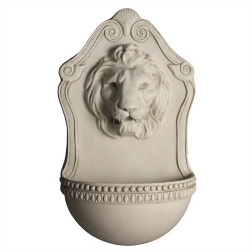 Lion head wall fountain with ornate classical detailing and old world European Baroque style, featuring a sculpted lion’s face.