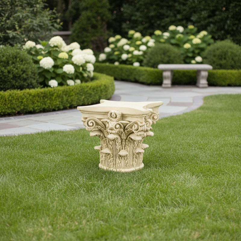 Corinthian column capital with ornate acanthus leaves and volutes in classical old world European architectural style. Side Angle