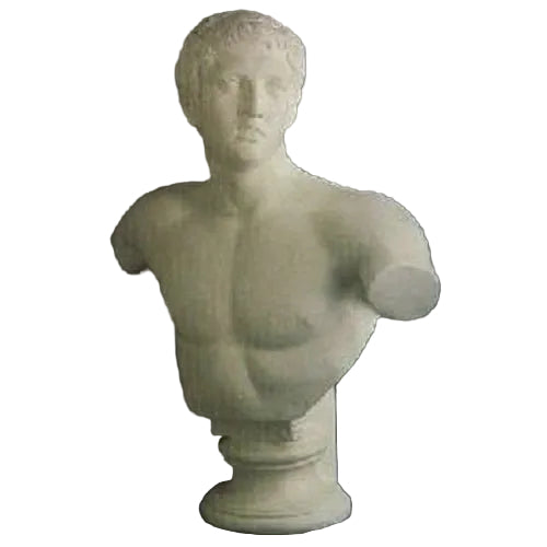 Classical Greek male bust with detailed facial features and torso, inspired by Renaissance and old world European sculpture styles.
