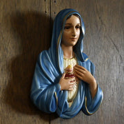 Virgin Mary wall plaque in old world European style, featuring classical serene expression and ornate Sacred Heart detail. Side Angle