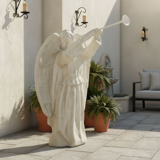 Angel statue with flowing robes and outstretched arms blowing a trumpet, featuring ornate old world European and classical details. Side Angle