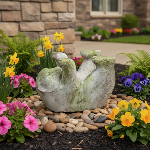 Bear-shaped planter in an old world European style with weathered, mossy patina and playful, whimsical pose. Side Angle