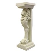 Lion pedestal with classical old world European design, featuring ornate sculpted details and a square top in Renaissance style.