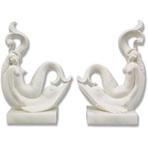 Pair of ornate classical mermaid sculptures with flowing tails and stylized waves in an old world European Renaissance style.