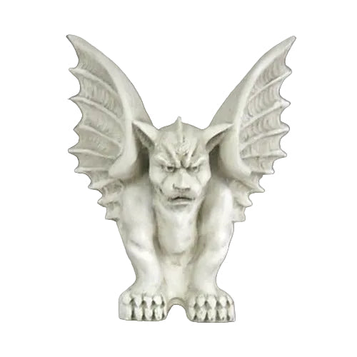 Gothic gargoyle statue with fierce expression, crouched stance, and large, ornate bat-like wings in old world European style.