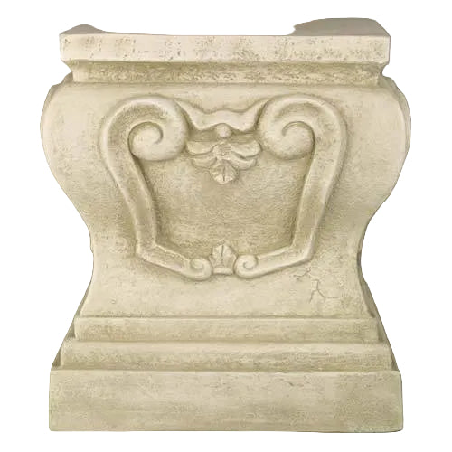 Ornate pedestal base with classical old world European scrollwork and leaf motif, featuring a symmetrical, architectural design.