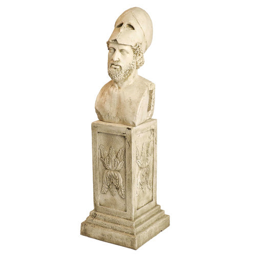 Classical Greek bust of a bearded warrior in a helmet on an ornate pedestal with carved acanthus leaf details. Side View