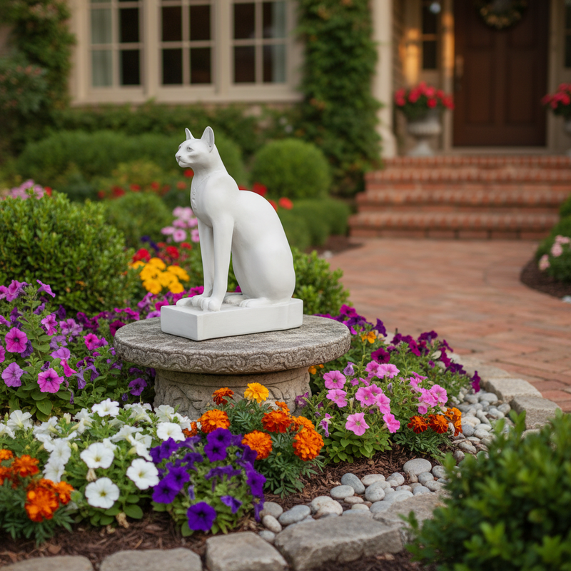 Regal cat statue in a classical old world European style, featuring elegant lines and a poised, symmetrical seated posture. Side Angle