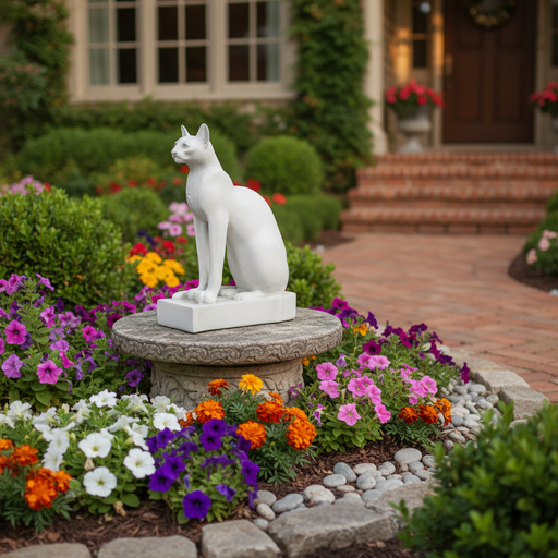 Regal cat statue in a classical old world European style, featuring elegant lines and a poised, symmetrical seated posture. Side Angle