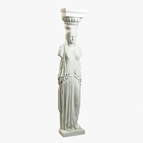 Caryatid column statue with classical Greek drapery and ornate Corinthian capital in old world European style Other Angle