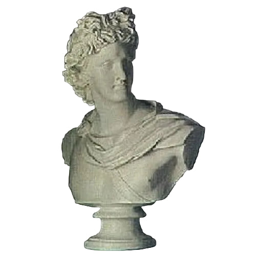 Classical Greek-style bust of a male figure with curly hair and draped garment, featuring detailed, ornate sculptural elements.