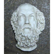 Classical Greek-style sculpted bearded male head with detailed curly hair and solemn expression, evoking ancient European artistry.
