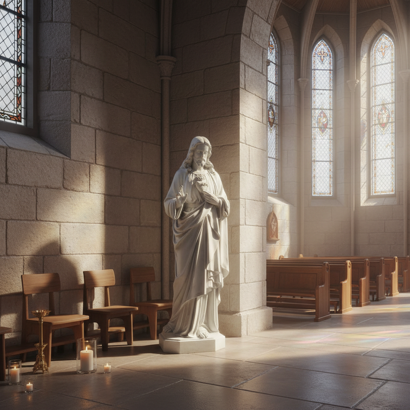 Jesus statue in classical Renaissance style with flowing robes, ornate detailing, and a serene, blessing gesture on a pedestal base. Side Angle