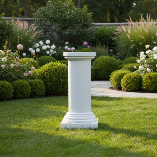Classical Greek column pedestal with a round top, fluted shaft, and stepped base in an old world European architectural style. Side Angle