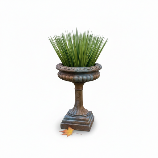Ornate classical urn planter with fluted pedestal base and scalloped rim, featuring lush grass, old world European style