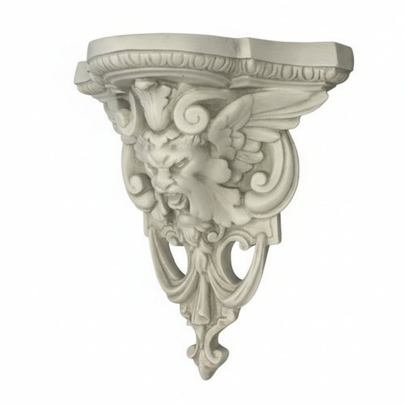 Ornate wall shelf with classical Baroque detailing, featuring a sculpted lion face, scrollwork, and winged accents in old world European style.