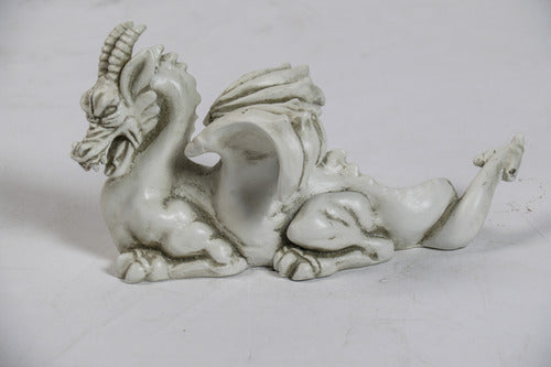 Baroque-style dragon figurine with ornate detailing, curled tail, outstretched wings, and classical old world European features. Side Angle