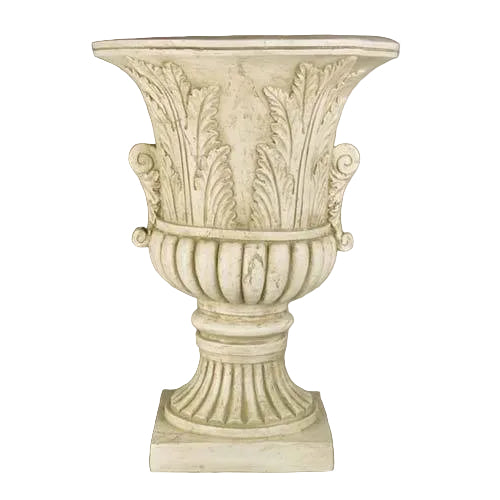 Ornate classical urn with fluted base and acanthus leaf detailing, inspired by old world European and Renaissance design.