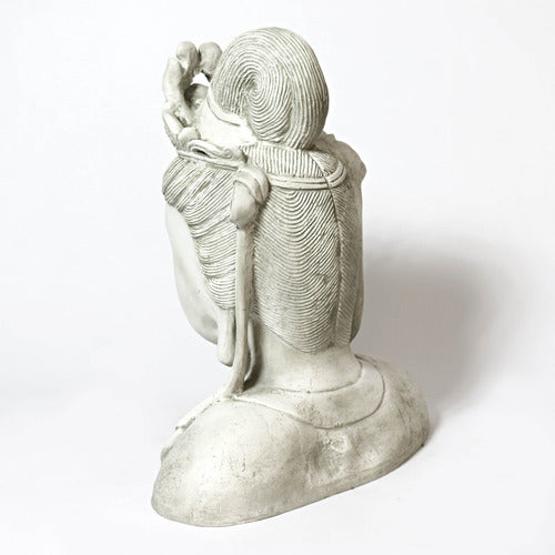Buddha bust with serene expression, ornate headdress, and classical Asian sculptural details in a traditional style Side Angle