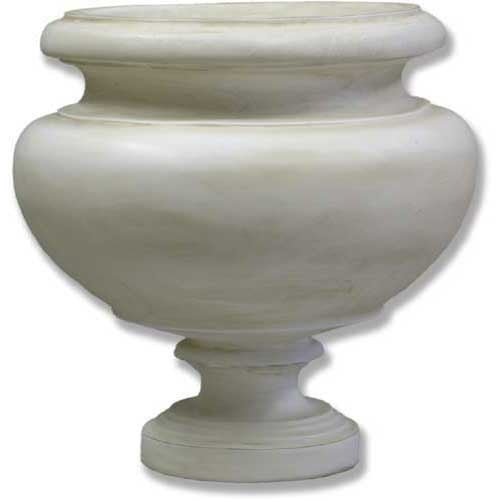Classical old world European urn with a rounded body, wide rim, and ornate pedestal base in Renaissance style.