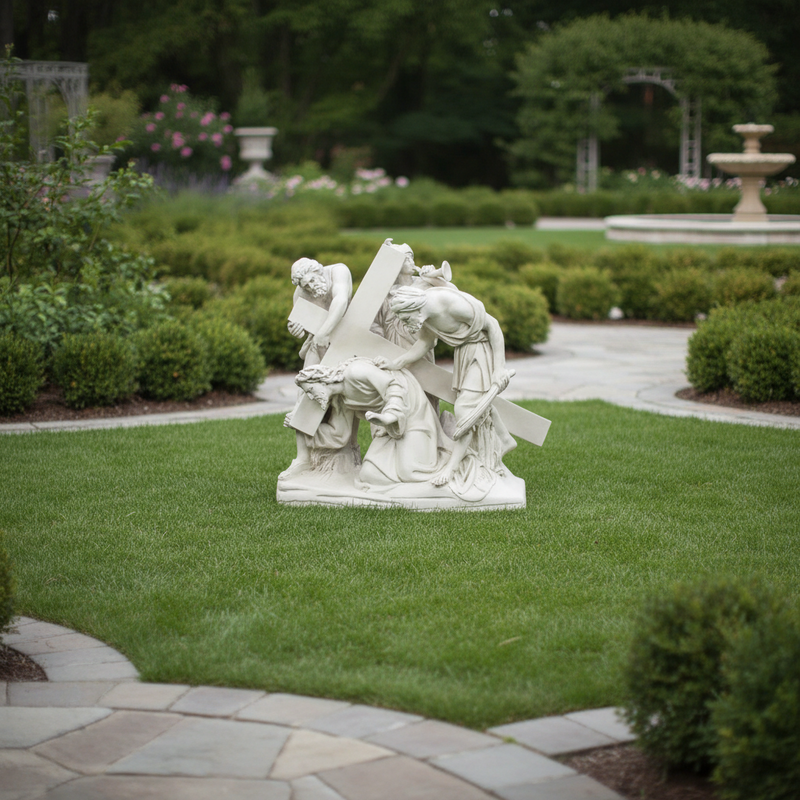 Baroque-style sculpture depicting three figures aiding a kneeling Christ carrying a cross, with dramatic, ornate detailing. Side Angle