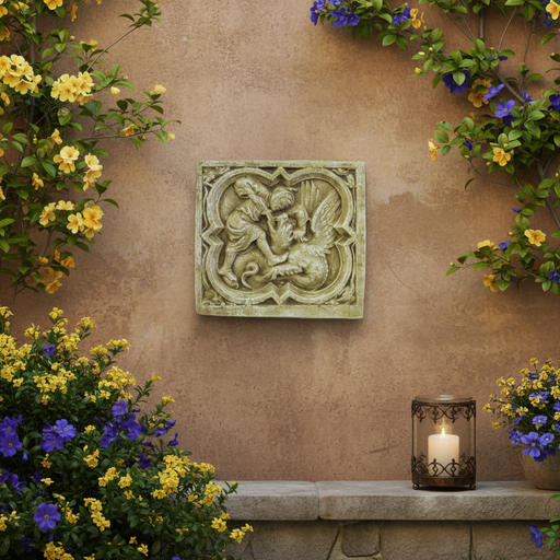 Medieval-style relief plaque depicting a winged dragon and a robed figure in ornate, old world European architectural framing. Side Angle