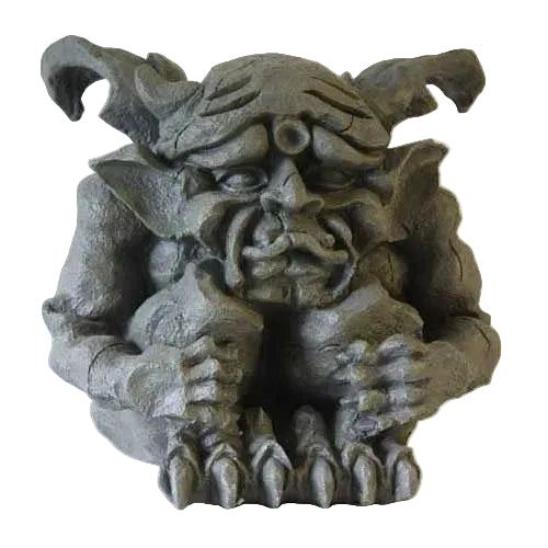 Grotesque gargoyle statue with exaggerated features, curled horns, and clawed hands in a medieval Gothic style.