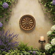 Ornate round medallion with classical Baroque floral motif and detailed raised border in old world European style. Different Angle
