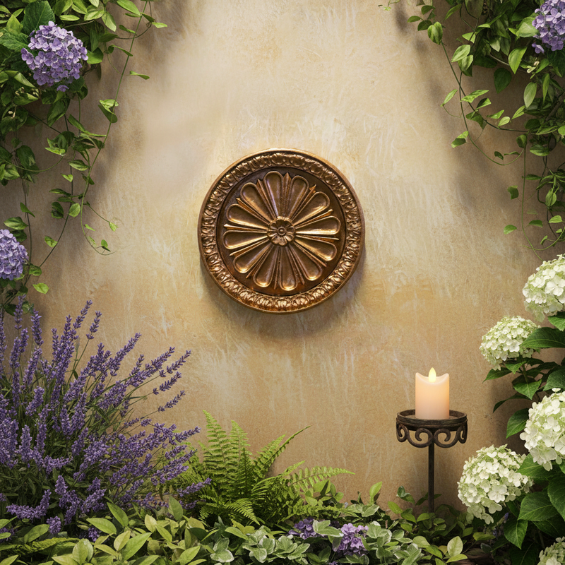 Ornate round medallion with classical Baroque floral motif and detailed raised border in old world European style. Different Angle