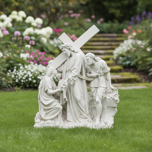 Jesus carrying a cross in a classical, old world European style scene with two figures, featuring ornate, Renaissance-inspired details. Side Angle