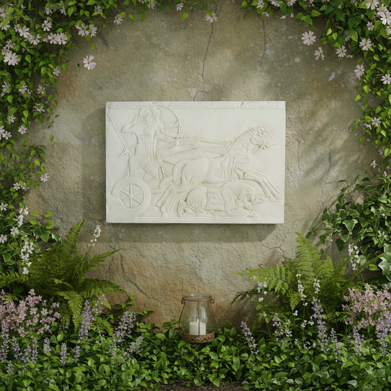 Ancient Greek bas-relief depicting a warrior in a chariot with ornate classical detailing and dynamic horse figures. Side Angle