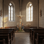 Crucifixion scene with Jesus on the cross, surrounded by mourners in ornate, classical old world European style. Side Angle